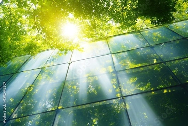 Fototapeta Solar panel roof in a green forest, sunlight through the glass, tree and sunlight reflection on the building wall
