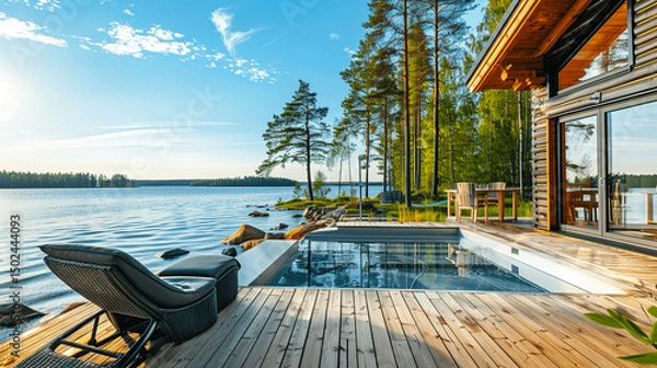 Fototapeta Serene lakeside cabin with a wooden deck, pool, and lounge chair, surrounded by trees and water under a clear blue sky.