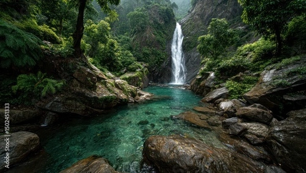 Fototapeta Lush Greenery Framing Serene Waterfall Cascade into a Teal Natural Pool