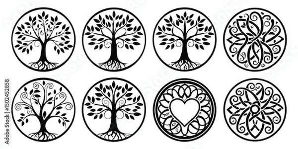 Fototapeta Elegant black and white circular tree of life designs for various artistic applications