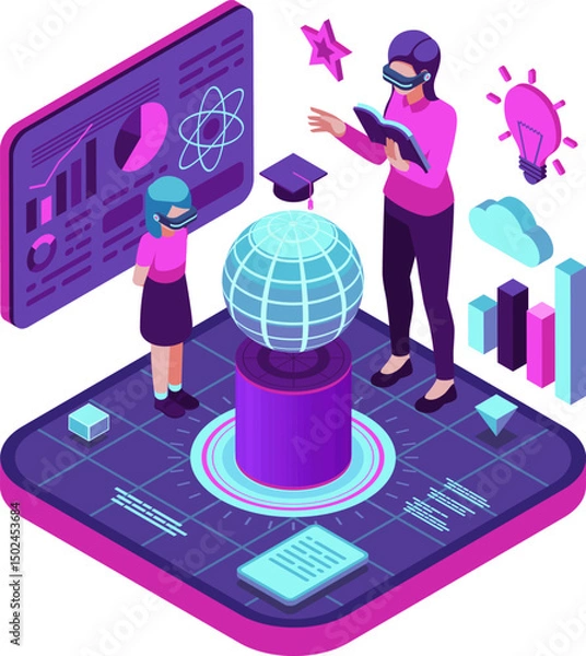 Fototapeta Isometric Teacher and Student in Virtual Metaverse Classroom
