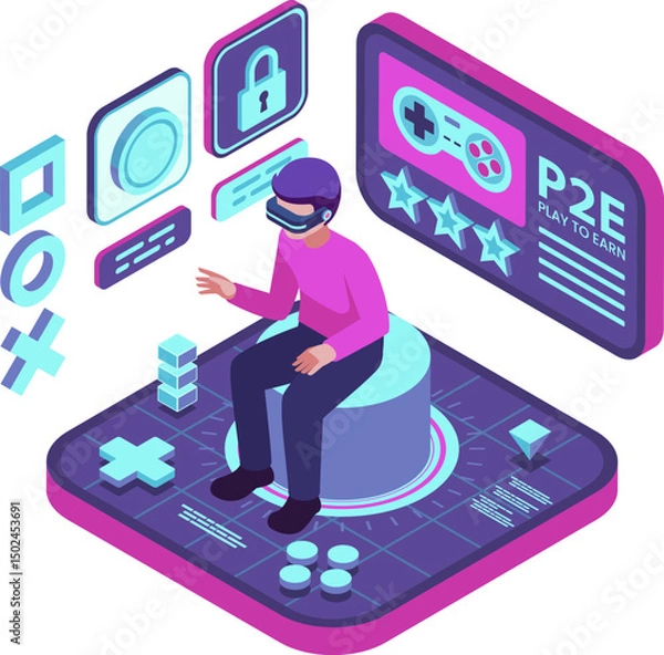 Fototapeta Isometric Gamer Playing Play to Earn Crypto Gaming in Metarverse