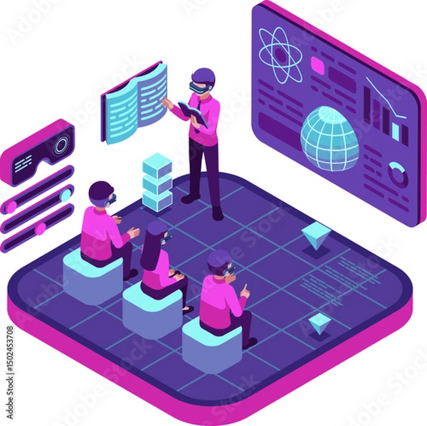 Fototapeta Isometric Virtual Metaverse Classroom with Teacher and Students