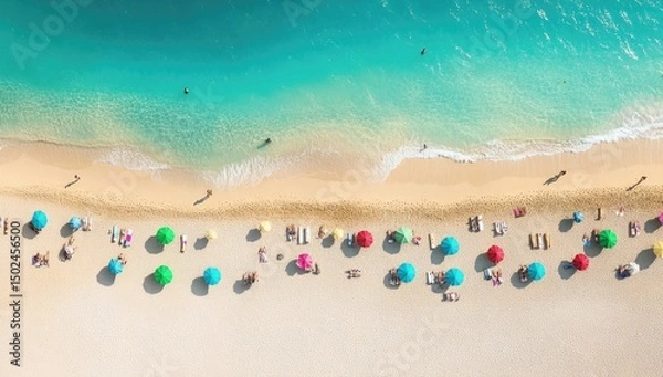 Fototapeta High-angle view of a crowded beach with colorful umbrellas and sunbathers