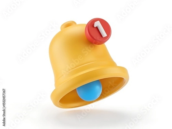 Fototapeta 3D Notification Bell Icon with Alert Badge for App Interfaces, Reminders, Messaging Systems, and User Interaction Design