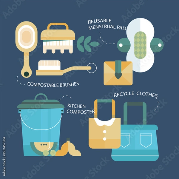 Fototapeta Eco Friendly Living Reusable Products and Waste Reduction illustration in isolated background