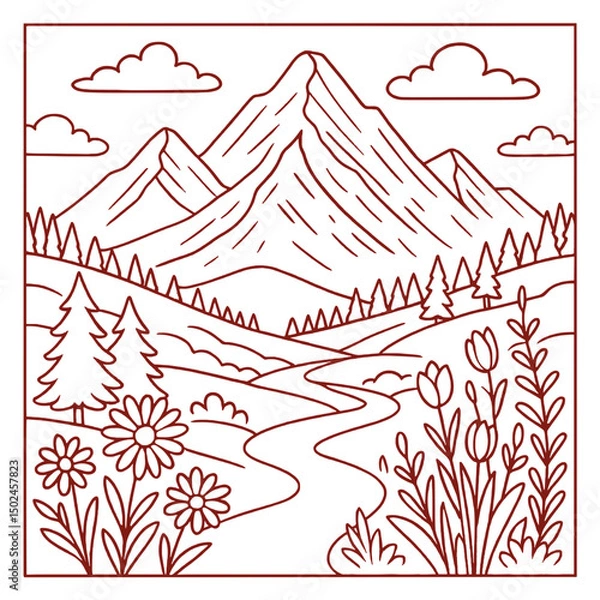 Fototapeta Hand drawn scenic mountain landscape with trees, river, and flowers in vintage style