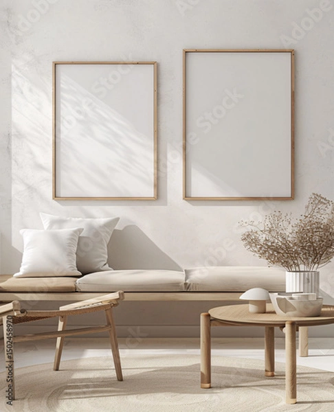 Fototapeta empty vertical picture frames mockup poster in a modern living room with furniture and decoration