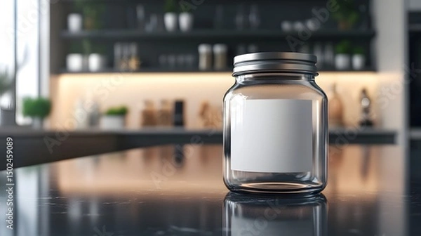 Fototapeta Glass Jar on Marble Counter: A sleek glass jar with a blank label sits atop a pristine marble counter, set against the backdrop of a modern kitchen with subtle lighting.