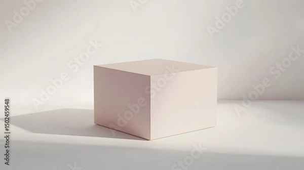 Fototapeta Minimalist Cube on a Bright Surface: A pristine, pale pink cube stands as a solitary, geometric form against a clean, illuminated background, casting a soft shadow