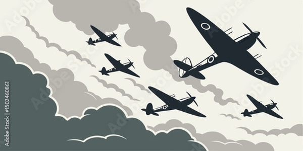 Fototapeta Silhouette of vintage fighter planes flying amongst clouds in a retro style illustration