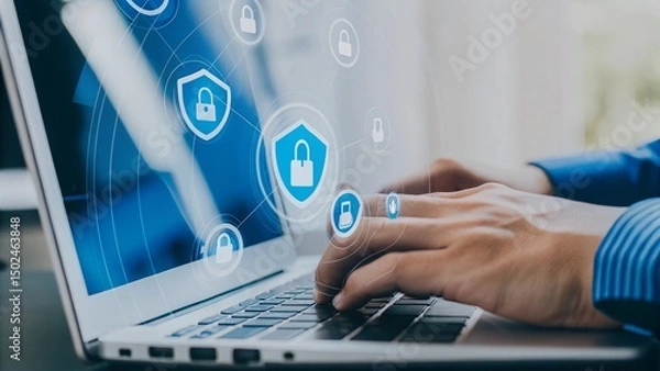 Obraz A hand is typing on a laptop, with various security-related icons displayed around the with a transparent digital screen
