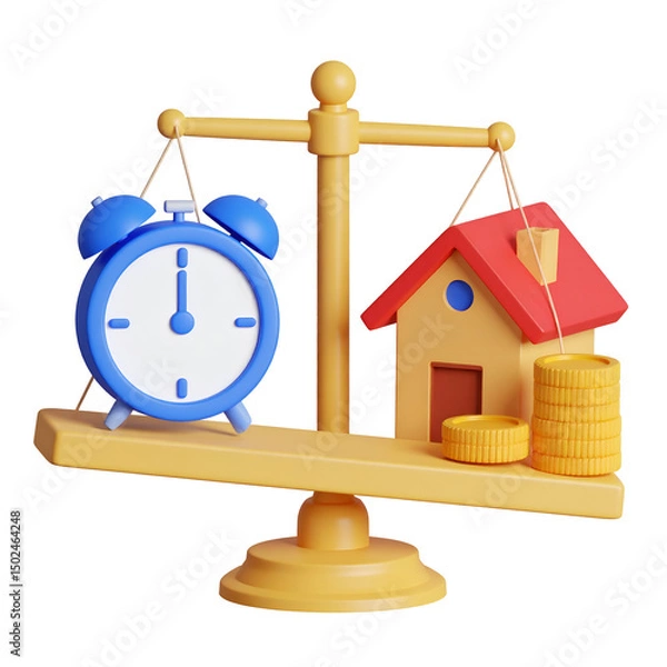 Obraz Time vs. Homeownership A 3D illustration depicting a balance scale weighing a clock against a house and coins, symbolizing the trade-off between time and financial investment in homeownership