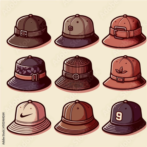 Fototapeta Fashion hat vector set: fedora, beanie, bucket hat, and baseball cap.