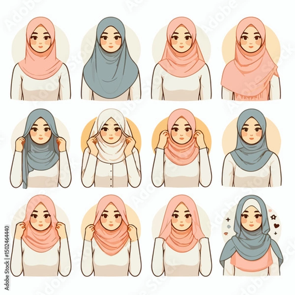 Fototapeta Vector illustration of various types of hijabs 
