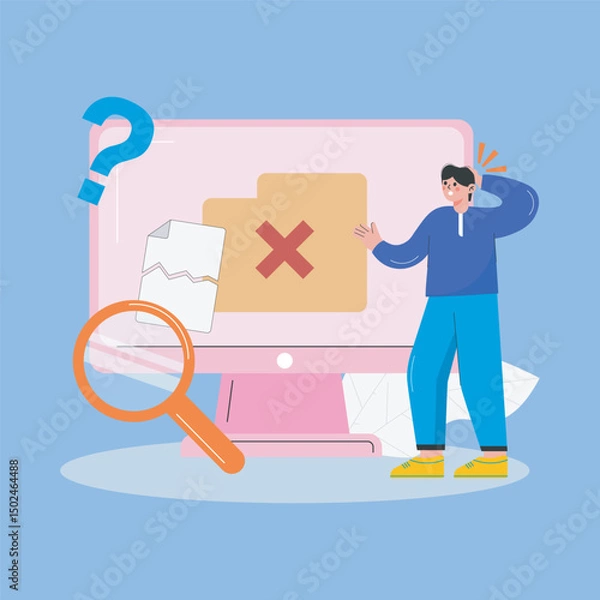 Fototapeta finding file in monitor screen with confuse man illustration in isolated background