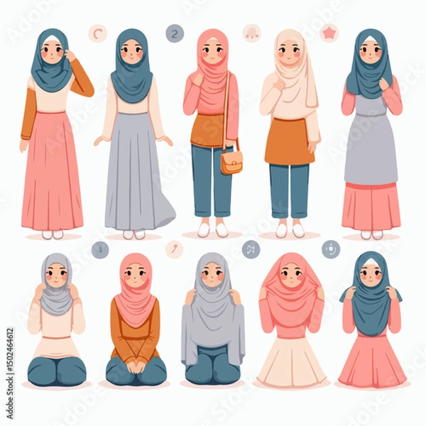 Fototapeta Vector illustration of various types of hijabs 