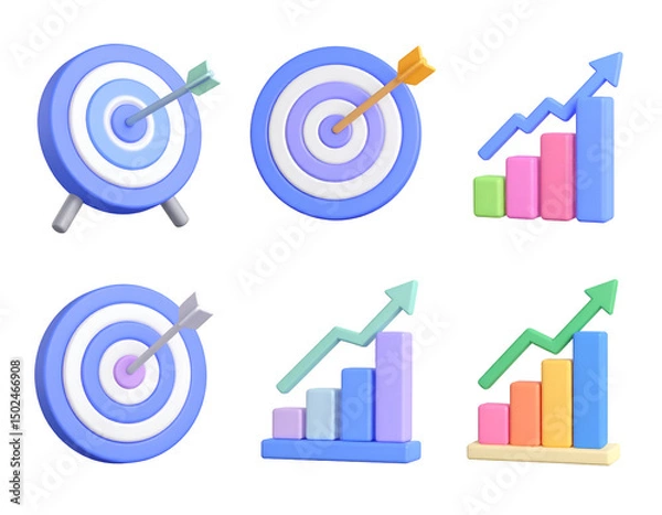 Obraz 3D illustrations of targets and upward trending bar graphs, symbolizing achievement and growth