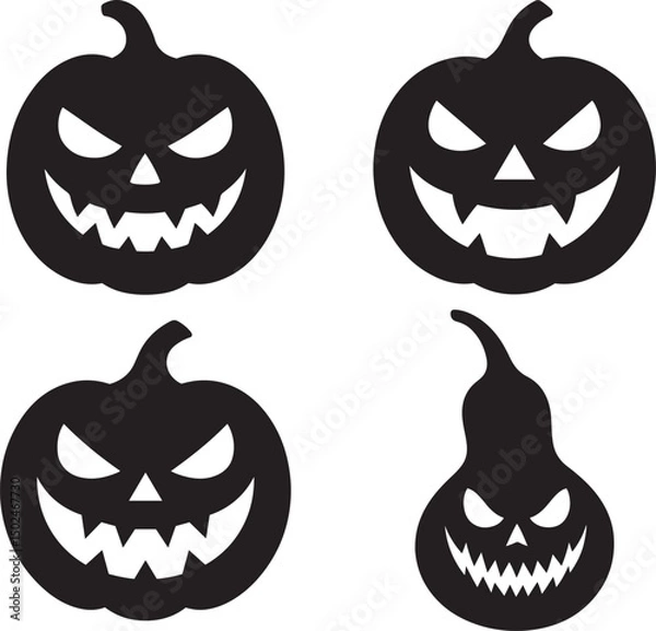 Obraz Spooky Pumpkin Faces with Evil Smile in flat black silhouette vector design bundle set for Halloween illustration