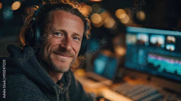 Fototapeta A man wearing headphones smiling while editing video on laptop in dimly lit room with warm bokeh lights creating cozy atmosphere