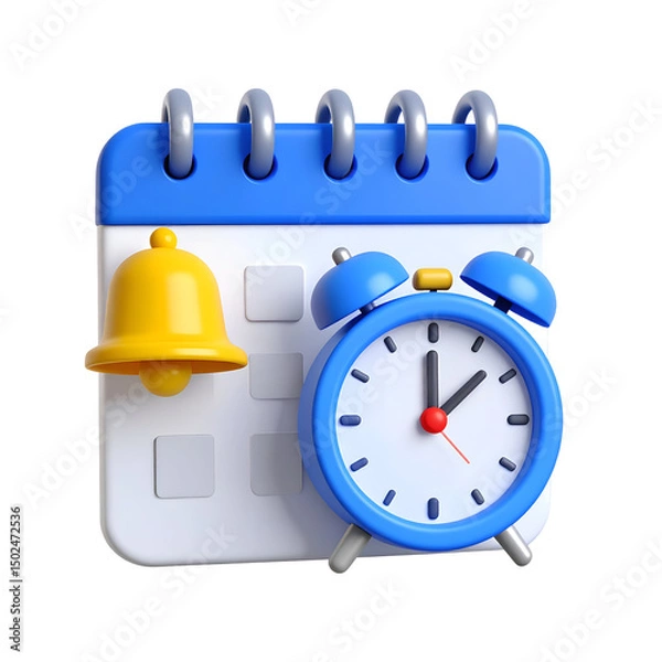 Obraz 3D render of a calendar, alarm clock, and bell, symbolizing scheduling and reminders