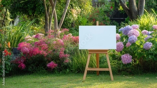 Fototapeta Blank canvas easel in a vibrant garden setting