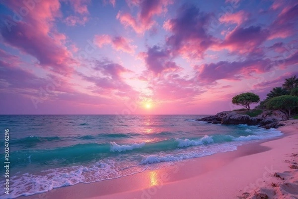 Fototapeta pink beach with waves crashing on the sand