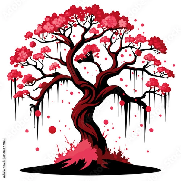 Fototapeta eerie cherry blossom tree dripping blood instead of petals, dark and haunting tone, traditional Japanese horror vector on white
