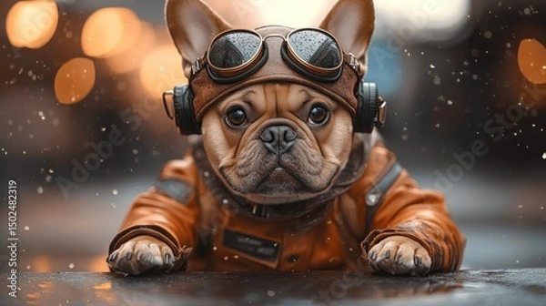 Obraz A French Bulldog wearing aviator goggles and a leather jacket in the snow.