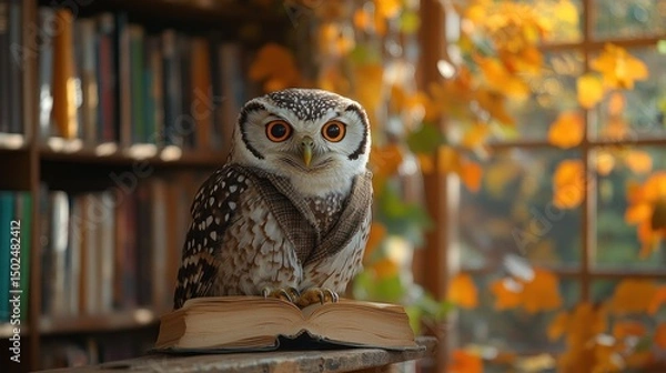 Obraz Owl perched on an open book in a library with autumn leaves.