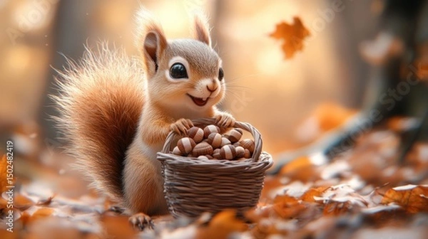 Obraz Adorable cartoon squirrel holding a basket of nuts in an autumn forest.