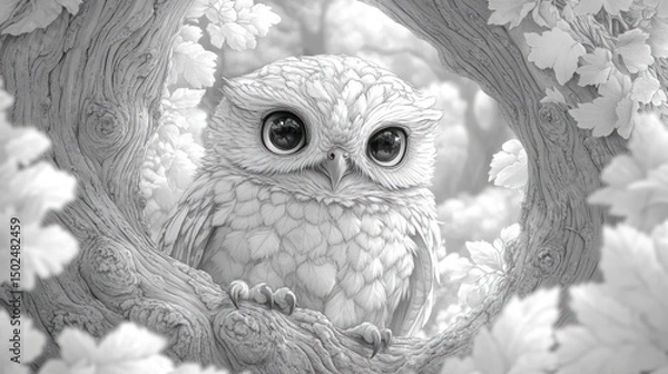 Obraz Adorable baby owl nestled in tree foliage, monochrome illustration.