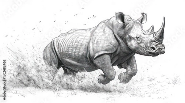 Obraz A majestic white rhinoceros charging through tall grass, depicted in a detailed pencil sketch.