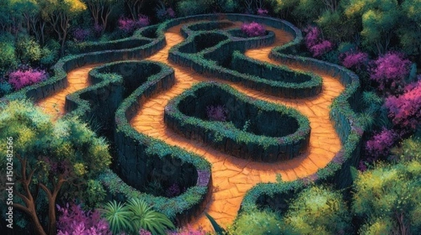 Obraz Aerial view of a winding hedge maze with stone paths in a lush garden.