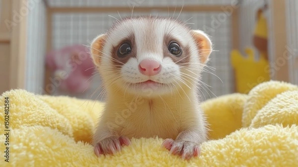 Obraz Adorable baby ferret kit resting on yellow blanket.