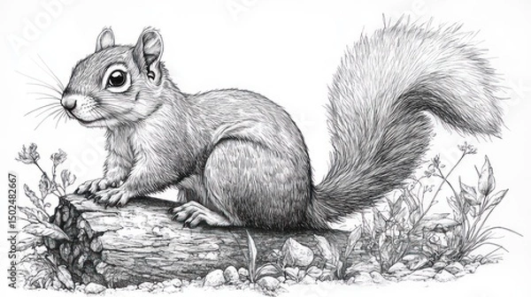 Obraz Pen-and-ink drawing of a squirrel sitting on a log surrounded by plants.