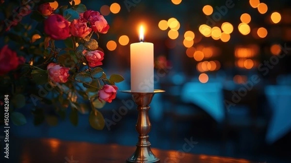 Obraz Lit candle on holder with roses, romantic outdoor setting.