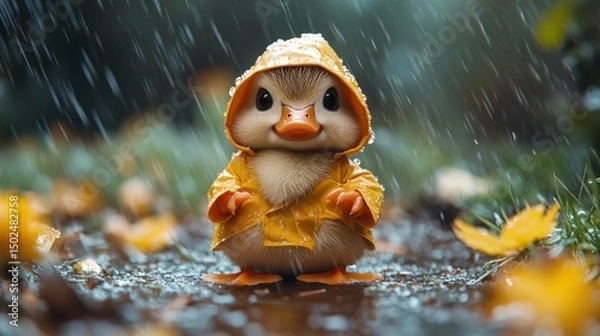 Obraz Cute duckling in yellow raincoat standing in rain.