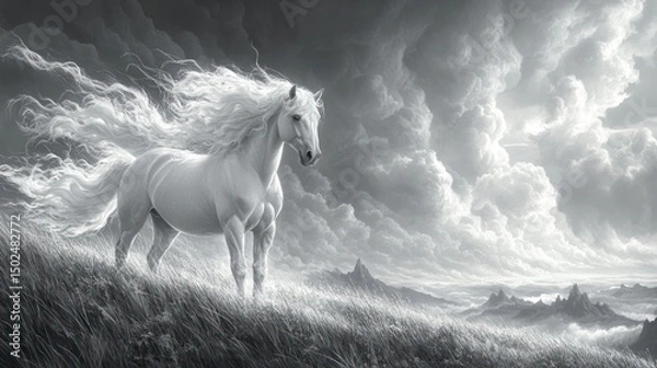 Obraz Majestic white horse with flowing mane stands in a dramatic, stormy landscape.
