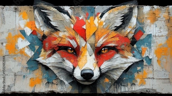 Obraz Abstract geometric fox portrait in vibrant colors on a textured wall.