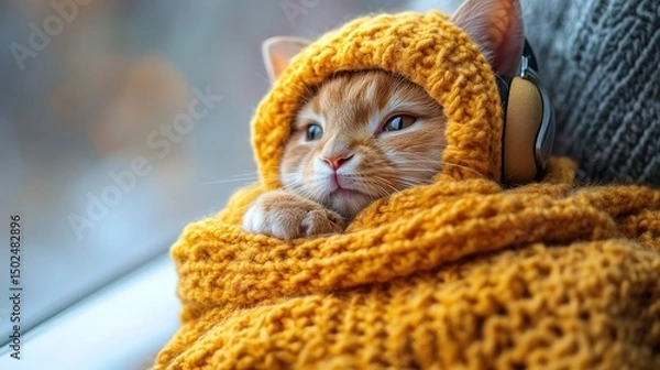 Obraz Cute ginger kitten wearing knitted hoodie and headphones, relaxing.