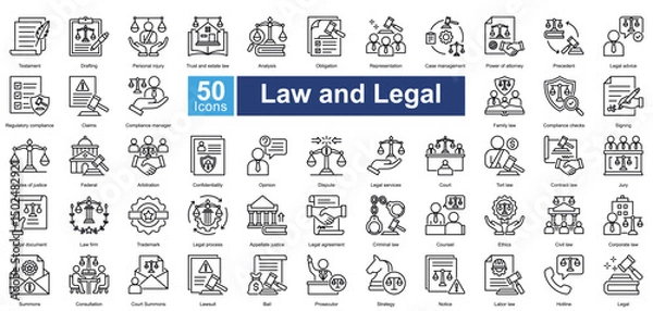Obraz Law and Legal icon set in outline style, featuring 50 icons on legal services, court processes, and compliance. Ideal for law firms, legal apps, and justice-related content.