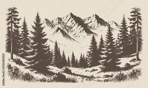 Obraz Vintage mountain landscape with pine forest, illustrated in rustic ink drawing style for nature and outdoor lovers.