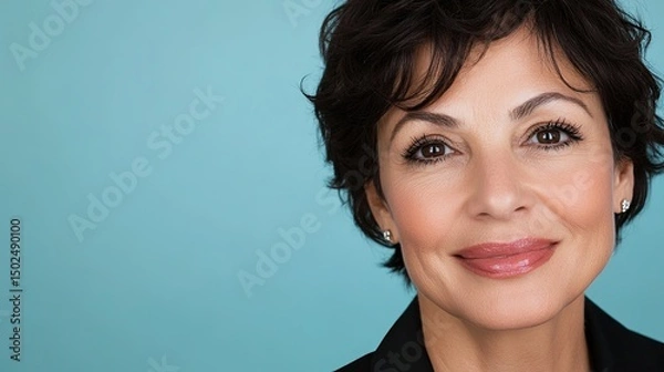 Obraz Close-up studio portrait of a confident middle-aged woman with short dark hair, wearing a black blazer, smiling slightly against a light blue background. 