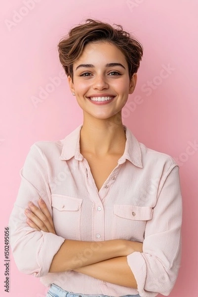Obraz Smiling young woman with short hair, wearing a chic outfit, standing with arms crossed and exuding confidence, isolated against a soft pastel backdrop. 