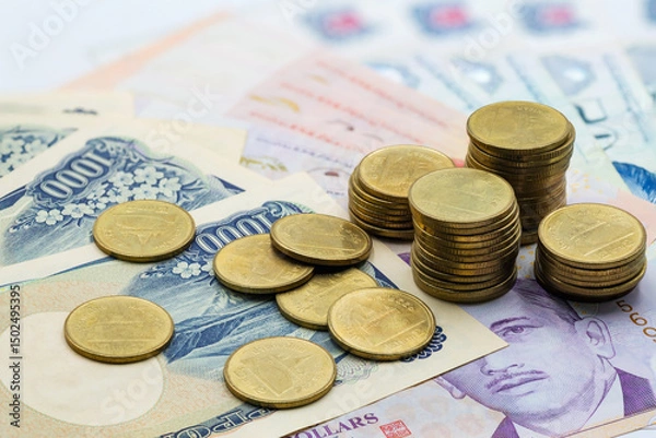 Obraz Scattered coins on various bank notes from different currencies creating a vibrant money display