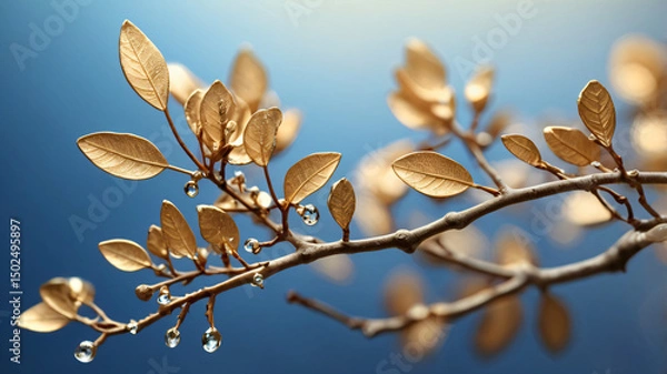 Obraz Close-up of Golden Leaves with Water Droplets on a Branch