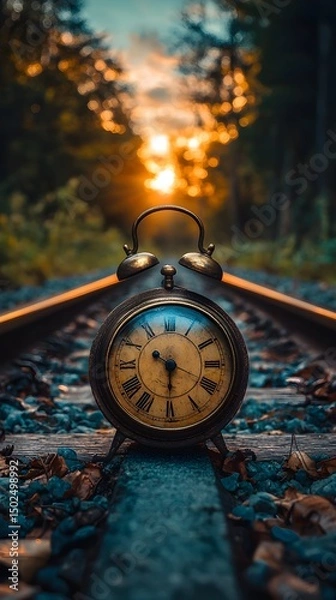 Obraz Vintage Clock on Train Track at Sunset