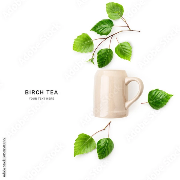 Obraz Birch leaves herbal tea and ceramic mug photography isolated on white background.