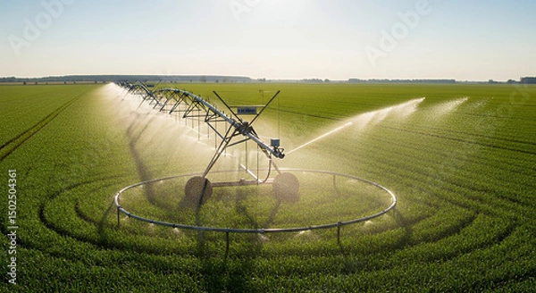 Fototapeta Modern center-pivot irrigation system watering green crops against bright sunlit landscape